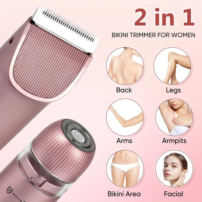 2 in 1 Women Electric Shaver Dual Head Bikini Trimmer for Women IPX7 Waterproof Wet & Dry Use Body Hair Trimmer and Facial Hair Remover for Bikini Underarm Leg Arm Body Face（Rose Gold）