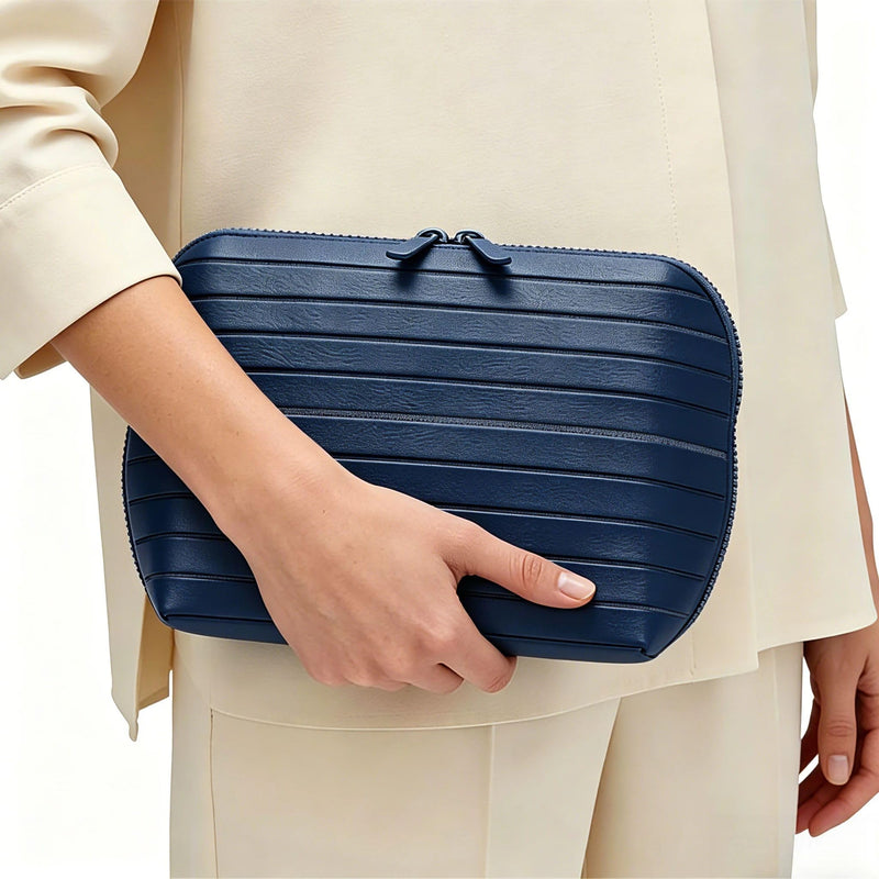 Foldable Travel Makeup Bag,27 Pockets 3 Brush Slots,Large Capacity Cosmetic Bags Toiletry Case Navy Blue