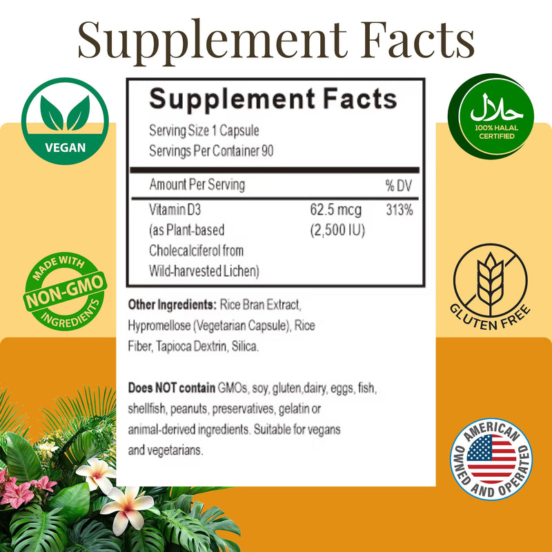 Halal Vitamin D, Vitamin D3, 2,500 IU Capsules, Supports Bone, Immune & Heart Health, Vegan, Non-GMO, Gluten Free and Halal (90 Count)