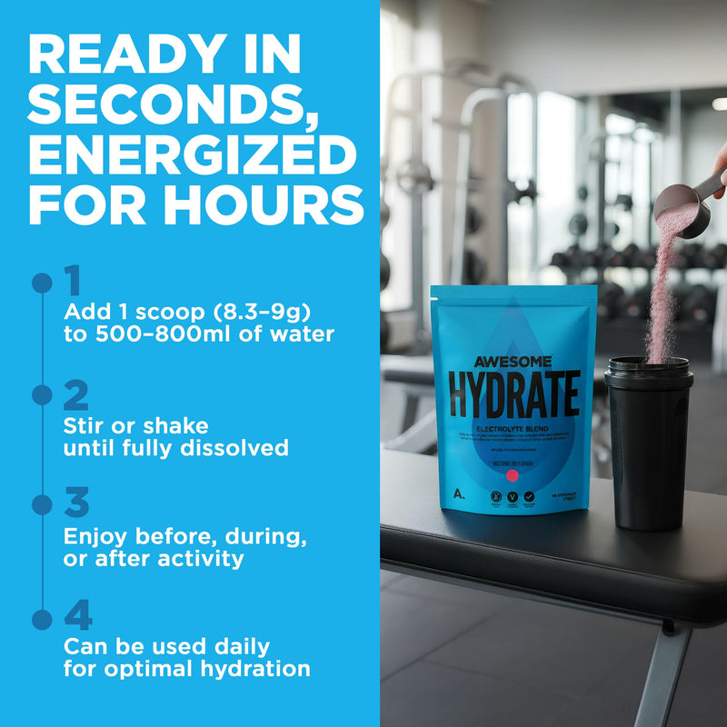 Awesome Hydrate – Vegan Electrolytes Powder – 270g Instant Electrolytes Powder – Sodium, Zero Calorie, Potassium Supplements – Vegan & Gluten-Free Hydration Supplement – (Watermelon Flavour, 270g Watermelon