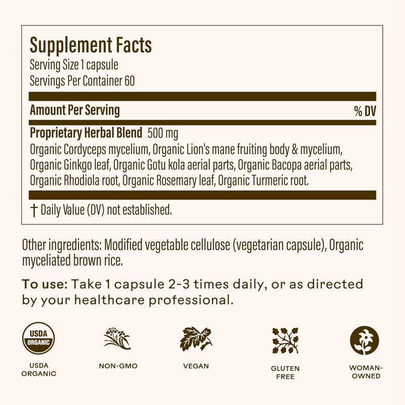 [Australia] - Wooden Spoon Herbs Brain Bloom | USDA Certified Organic Brain Supplement for Memory & Focus | 8 Herb Complex with Rosemary, Bacopa, & Lion's Mane | Gluten-Free, Non-GMO, Vegan (60 CT, Capsules) 