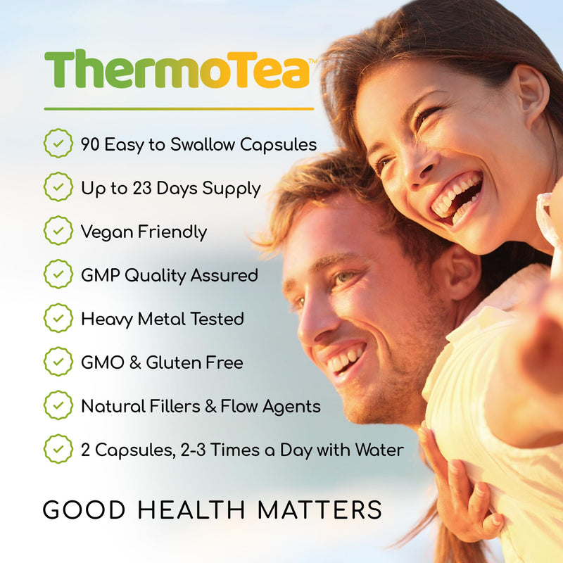 ThermoTea - Thermogenic Green Tea Complex for Weight Management with Glucomannan Konjac Soluble Fibre, Raspberry Ketones, African Mango, Chilli, L-Tyrosine, Vitamin B6 and Chromium - 90 Vegan Capsules