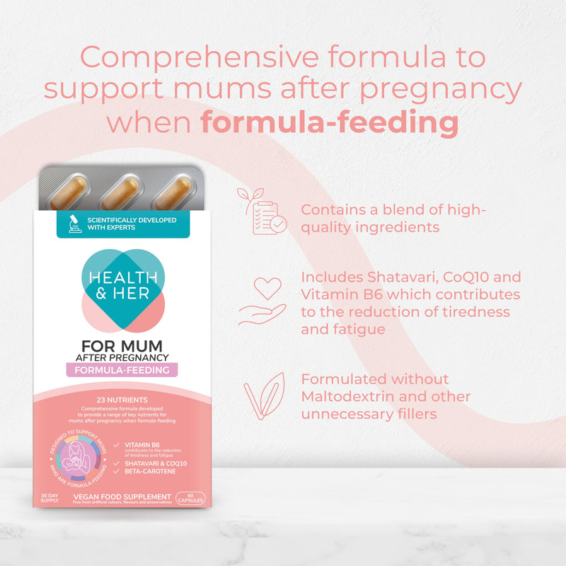 Health & Her for Mum After Pregnancy Formula-Feeding Supplement - Postnatal Vitamins for Women - Contains Vitamin B6, Vitamin D, Shatavari & COQ10-1 Month Supply - 60 Capsules - Vegan & Gluten Free 60 count (Pack of 1)