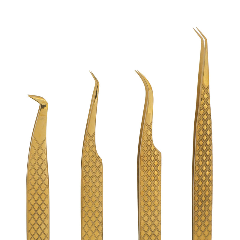 M LASH Tweezers for Eyelash Extensions (Set of 4) - Professional Lash Extension Tweezers - Fiber Tip, Japanese Steel, Diamond Grip Eyelash Extension Tweezer (Gold) Gold