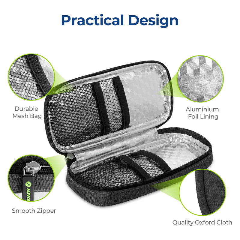 [Australia] - AUVON Insulin Pen Cooler Travel Case with 2 * 90g TSA Approved Ice Packs, Diabetic Medication Insulated Cooling Bag for Insulin Pens and Diabetic Supplies Storage, Compact for Daily Life and Trips Black 