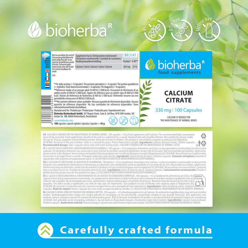 Calcium Citrate 330 mg – 100 Capsules | High-Absorption Supplement for Bones, Teeth, and Muscle Function by BIOHERBA 1 count (Pack of 100)