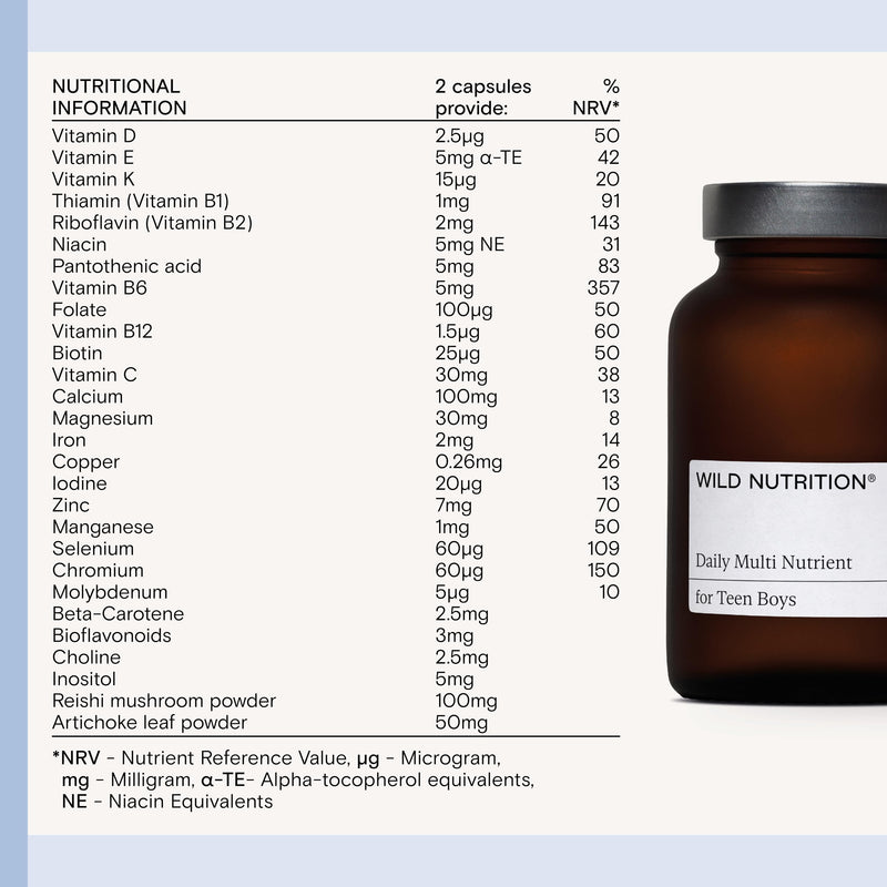 WILD NUTRITION Food-Grown Teen Boy Daily Multi Nutrient | Multivitamin for Teens Boys with Zinc, Selenium, Folate and More to Support Strong Bones, Brain Health, and Hormone Balance | 60 Capsules Teen Boys