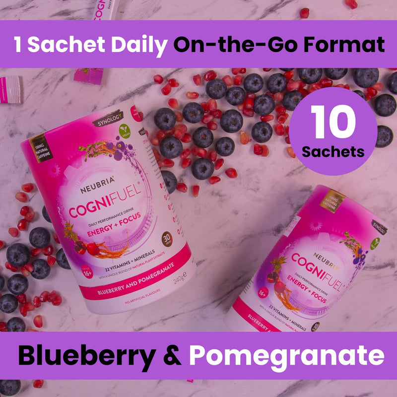 NEUBRIA Cognifuel - 10 Hydration Sachets with Electrolytes, Caffeine, L-Theanine, Choline, L-Tyrosine & Vitamins - Daily Nootropic Drink for Gym & Workout, Cognition, Focus | Blueberry & Pomegranate 10 SACHETS BLUEBERRY
