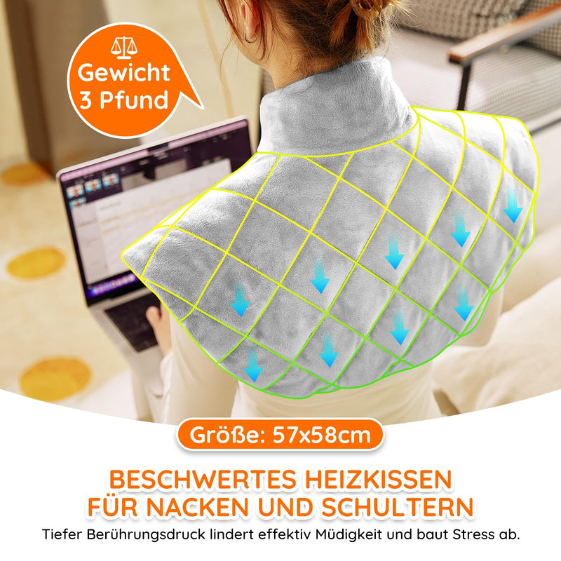 [Australia] - Weighted heating pad with automatic switch-off for back, shoulder, neck, quick-heating carbon fiber heating pad, micro-plush neck warmer, 6 heat levels, auto-off timer, Mia&Coco - gray (57x58cm) 57x58cm gray 