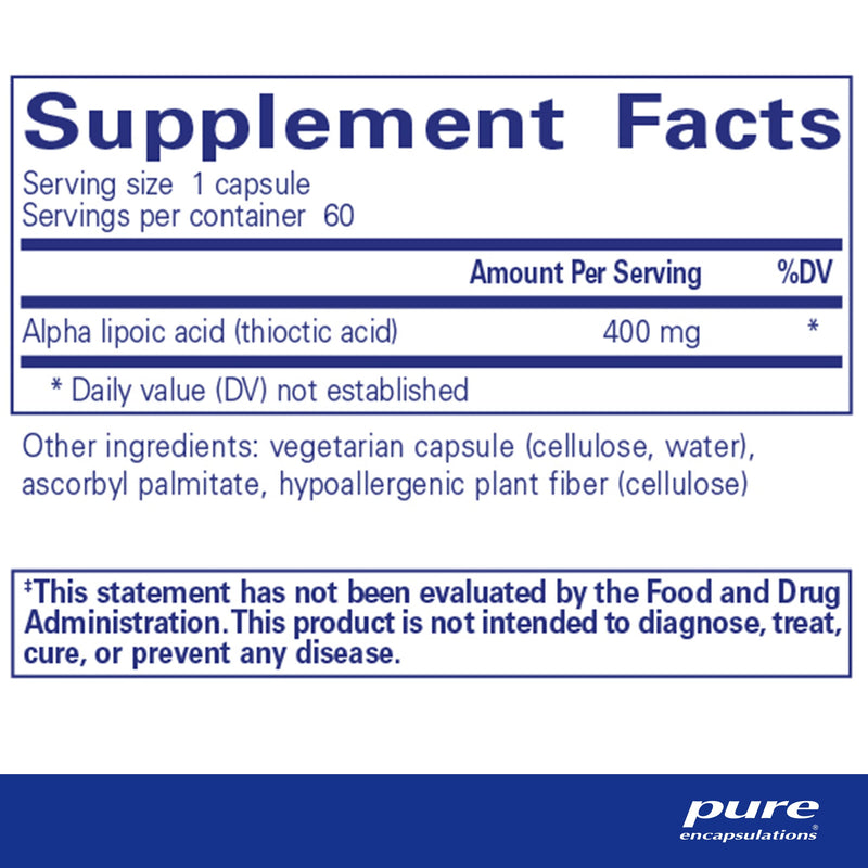 [Australia] - Pure Encapsulations Alpha Lipoic Acid 400 mg | ALA Supplement for Liver Support, Antioxidants, Nerve and Cardiovascular Health, Free Radicals, and Carbohydrate Support* | 60 Capsules 60 Count (Pack of 1) 