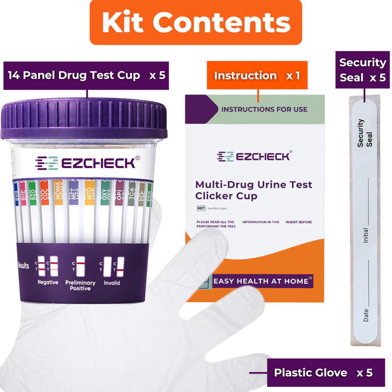 [5 Test Cups] 14-Panel EZCHECK® Multi-Drug Urine Test Cup – at-Home Instant Testing for 14 Substances - Fast Result in 5 mins