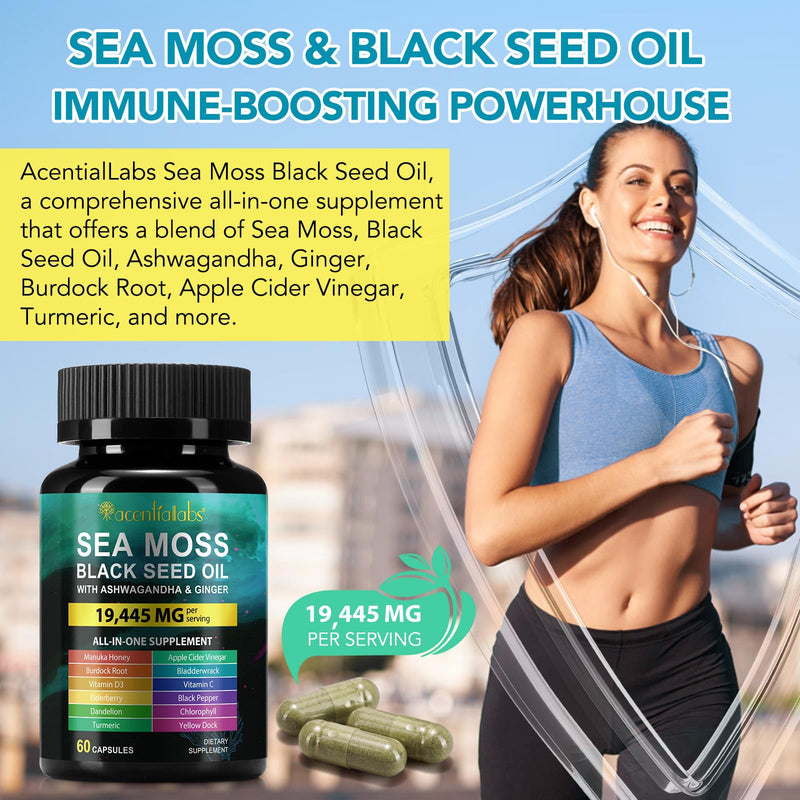 [Australia] - Sea Moss Black Seed Oil Ashwagandha Turmeric Bladderwrack Burdock Root Capsule with Chlorophyll,Elderberry,Manuka,Dandelion,Ginger,Vitamin C Vitamin D3,Immunity & Energy Support, 60 Counts 60 Count (Pack of 1) 