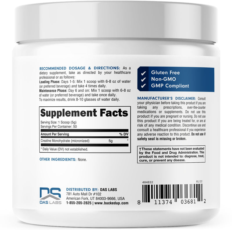 [Australia] - Bucked Up Creatine Monohydrate 250 Grams Micronized Powder, Essentials (50 Servings) 