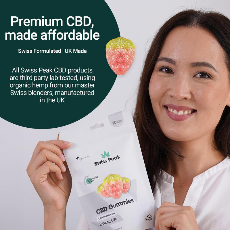 Swiss Peak 1200mg CBD Gummies, Delicious Edible Strawberries, UK-Made, Vegan, THC-Free, Premium CBD for Relaxation & Wellness, On-The-Go Grab Bag – 20 Gummies Per Pack