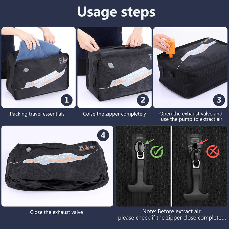Fuloon Space Saver Vacuum Storage Bags, 20-Inch Travel Compression Bags for Air Travel, Business Trip, Carry-On Suitcases & Backpack, Black (2 Pack, With Pump) 2 Pack With Pump