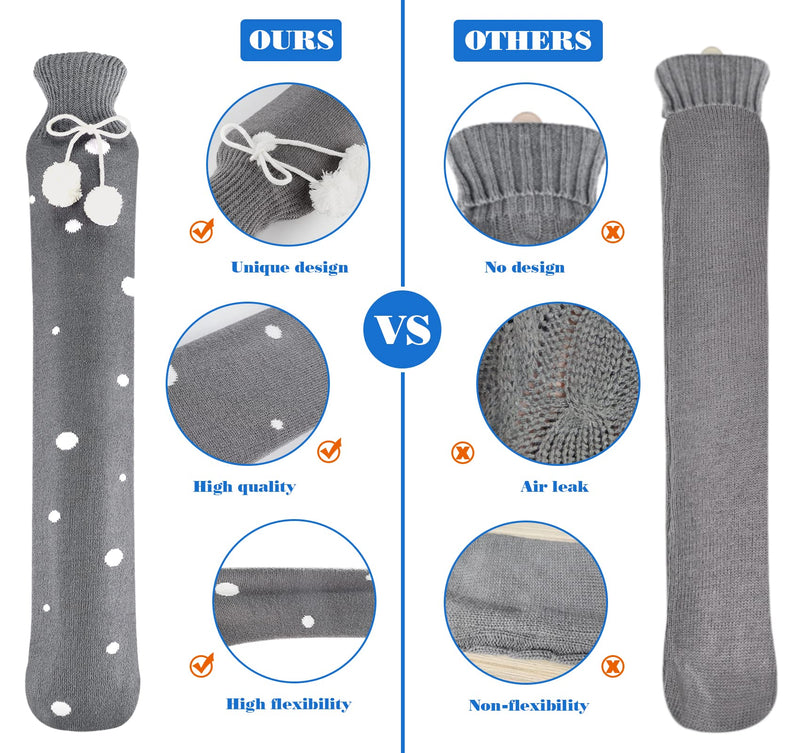 [Australia] - 73 cm hot water bottle hose long with knitted cover, hot water bottle 2 L with folding funnel, portable and washable knitted bottle cover hot water bottle for muscle pain, menstrual cramps (white/grey) white spot on grey 