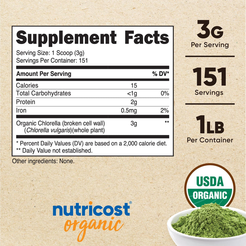 Nutricost Organic Chlorella Powder 16oz (1LB) - 3g Per Serving 1 Pound (Pack of 1)