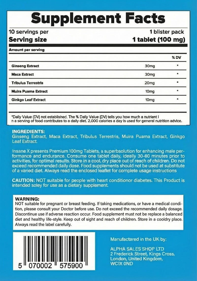 20 INSANE X Premium - Extra Strong Pills for Men UK - Natural Fast-Acting Ginseng Tablets for Men - for Enhanced Performance