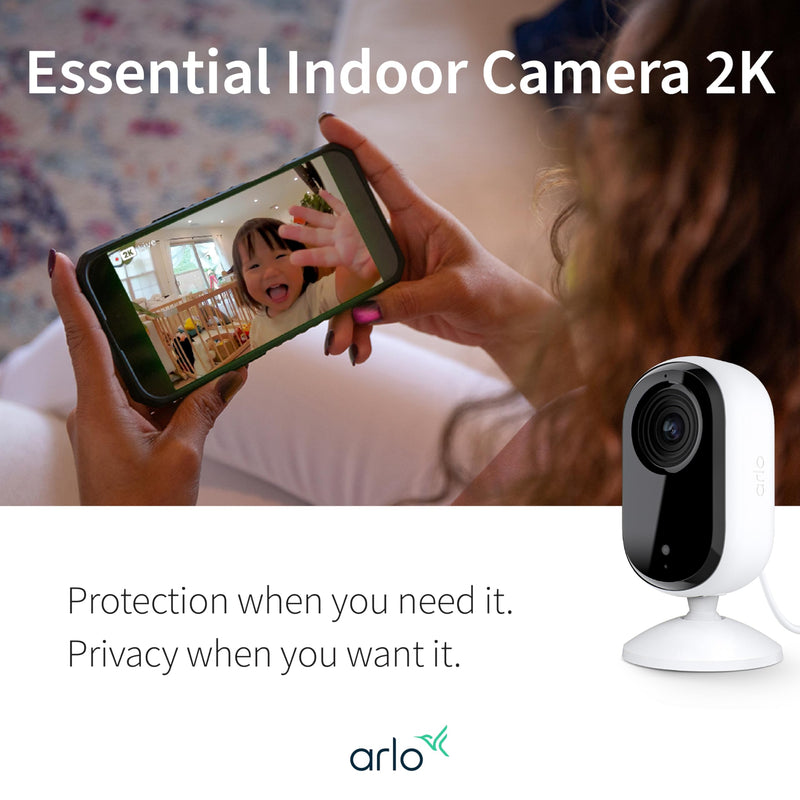 [Australia] - Arlo Essential Security Camera 2K | Indoor Only| 2nd Gen | Baby Monitor & Pet Camera | Wired Automated Privacy Shield, 2-Way Audio, Night Vision, Live Stream, Motion Alerts & Notifications White,1 Cam 2K Indoor 2nd Gen 1 Camera 