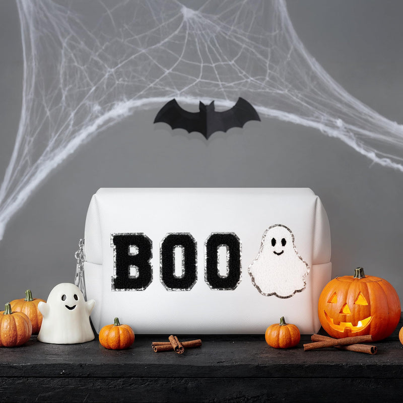 Dripykiaa Halloween Makeup Bag Boo Basket Gifts, Spooky Basket Gift for Women, Large Capacity Cosmetic Pouch with Ghost Chenille Patch, Soft Leather Zipper Toiletry Travel Organizer