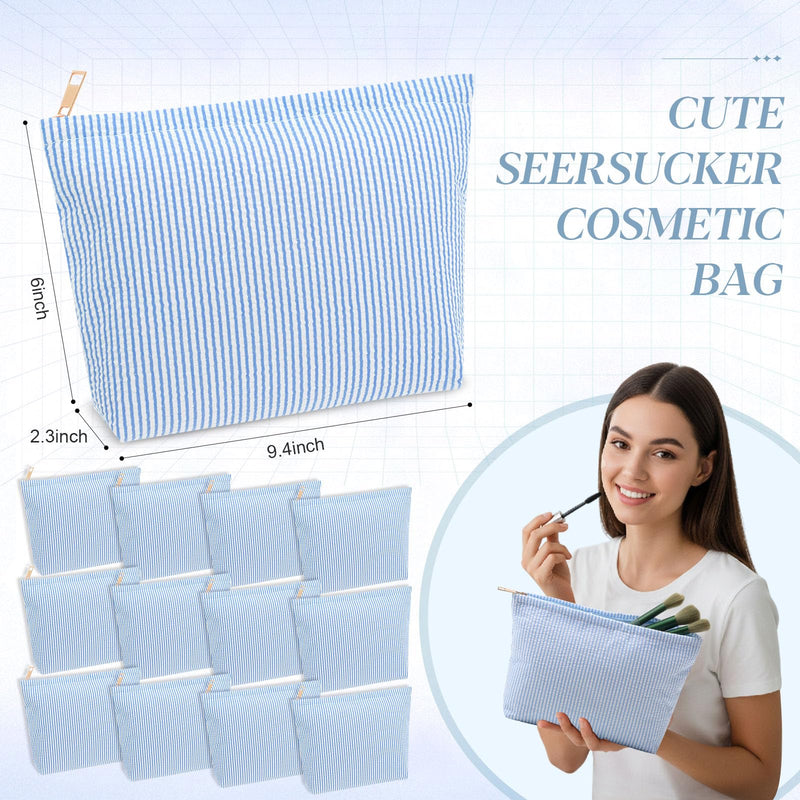 Sanwuta 12 Pcs Seersucker Makeup Bag for Women Stripe Cosmetic Bag Bulk Travel Toiletry Organizer Preppy Storage Pouch Zipper Purse Gifts for Wedding Bridesmaid Mom (Blue) Blue