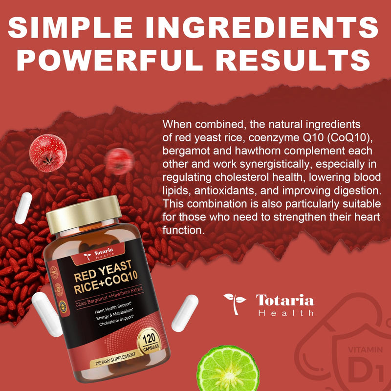 [Australia] - Red Yeast Rice 2,000mg with CoQ10 Supplement - Citrinin Free Extract Red Yeast Rice Capsules with CoQ10 100 Plus Citrus Bergamot - Cholesterol Lowering Supplements 3rd-Party Tested Vegan Non-GMO 120 Count (Pack of 1) 