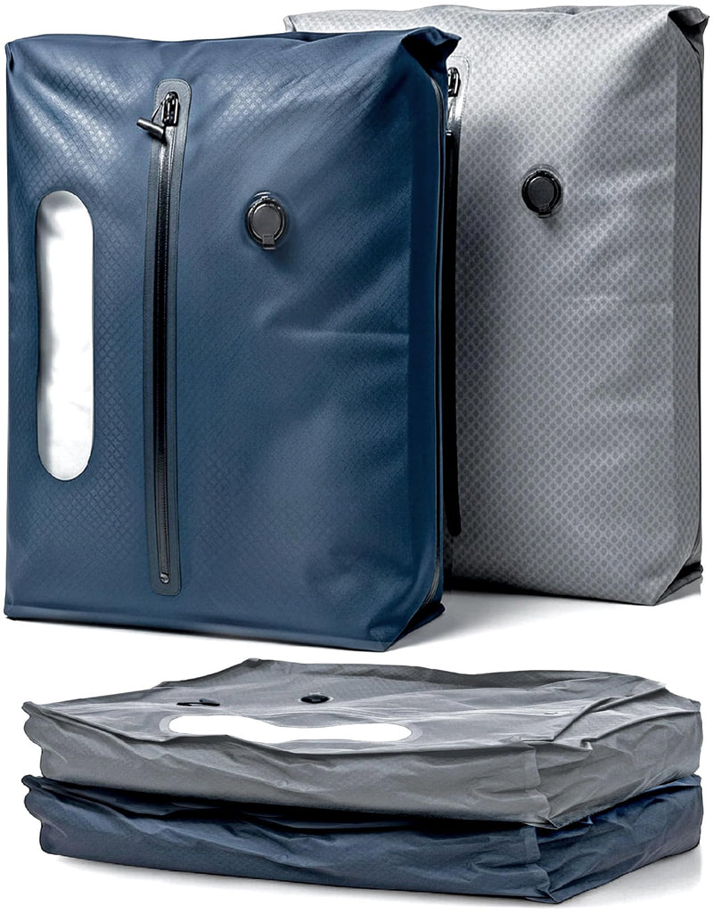 Vacuum Seal Bags for Clothing Travel - TSA Compliant Airless PacPro 48L, Carry-On Compression Packing Cubes for Luggage and Backpacks, Pump-free Air Valve (Large, Set of 2) Blue / Gray