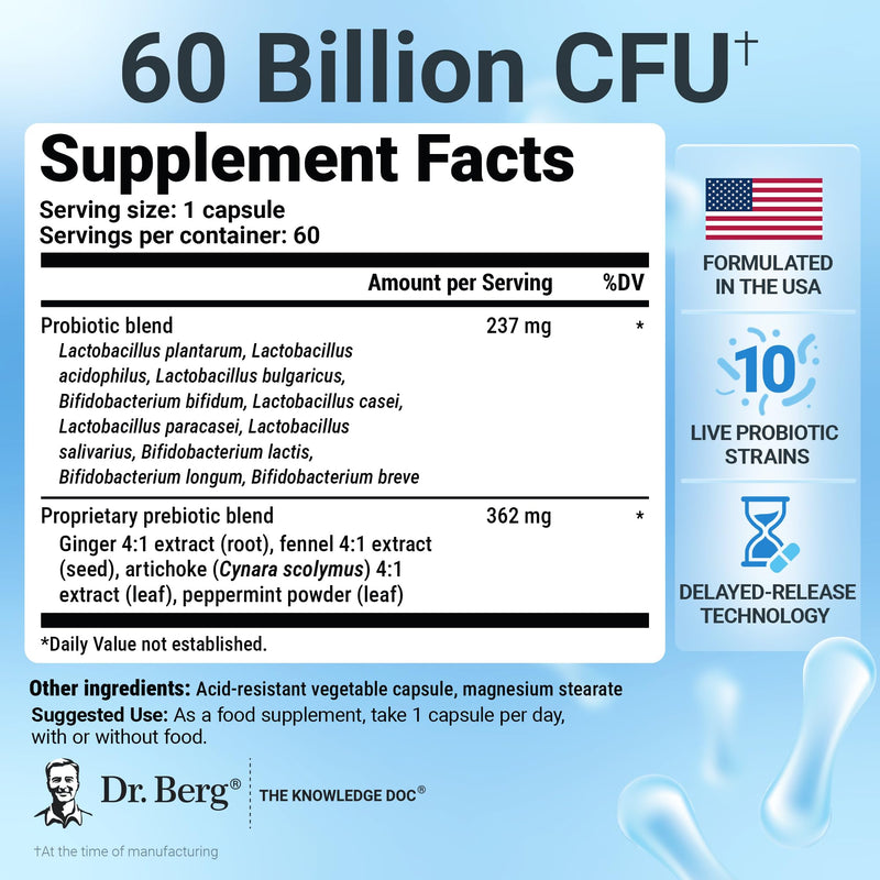 Dr. Berg Probiotic Supplement (60 Billion CFUs) - Helps Ease Occasional Constipation, Diarrhea, Gas & Bloating* - Pre and Probiotics for Digestive Health - 60 Probiotic Capsules 60 Count (Pack of 1)