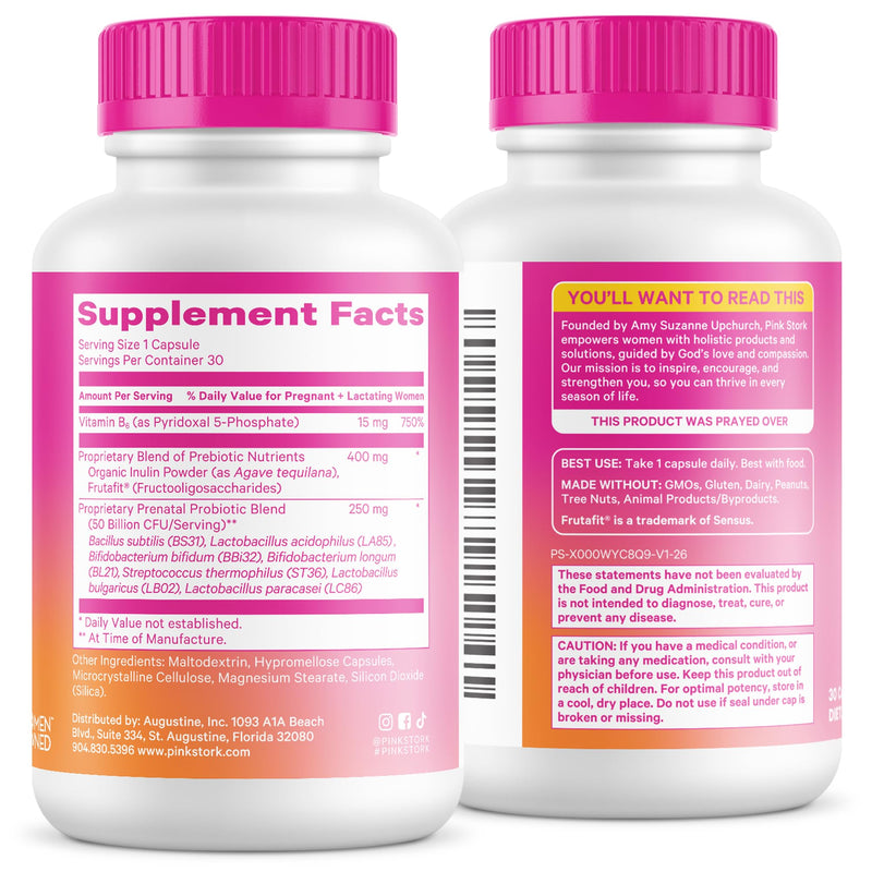 Pink Stork Prenatal Probiotics for Women - 60 Capsules | Vitamin B6, Prebiotics, Morning Sickness Support, Gut Microbiome & Immune Support Unflavored 30 Count (Pack of 2)