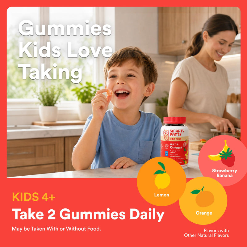 SmartyPants Kids Multivitamin Gummies with Omega 3 DHA/EPA, Vitamins D3, C, B12, B6, A, K, and Zinc, Gluten Free, Clean Label, Three Fruit Flavors, 60 Gummies (30 Day Supply) 1 Count (Pack of 1) Three Fruit - 30 Day Supply