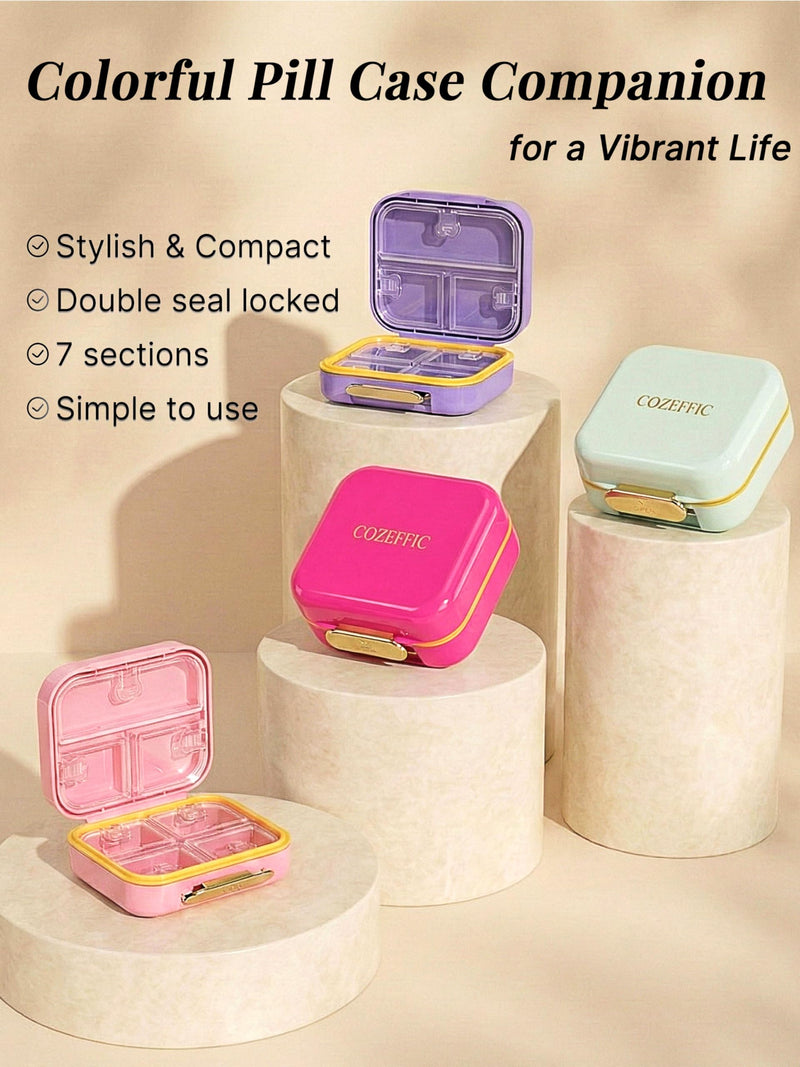 Small Pill Case Travel Pill Box with 7 Compartments for Purse - Compact Pill Organizer for Medicine Vitamin - Portable Container for Supplements & Fish Oil - Lavender