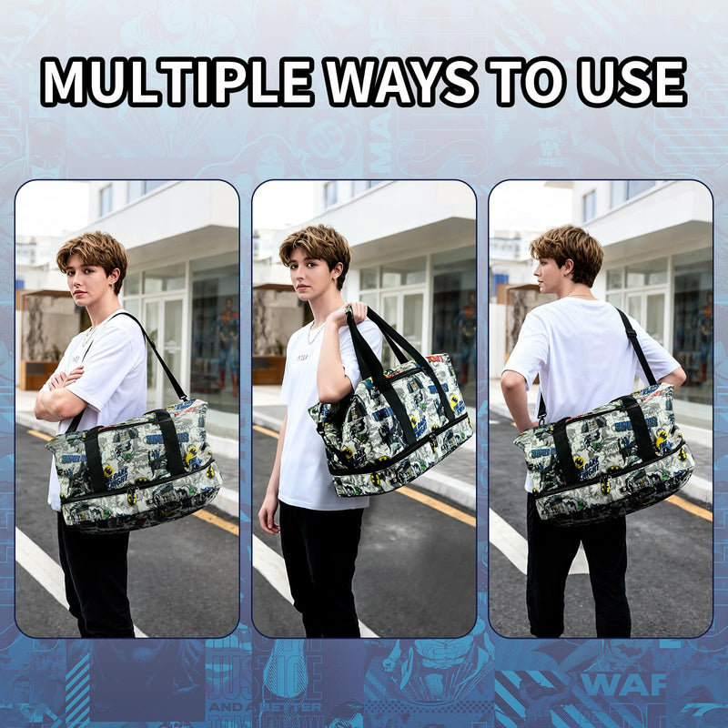 Batman Duffle Bag, Super Hero Travel Bag Gift for Man Boys | Adjustable Shoulder Strap, Shoe Compartment, Waterproof Graffiti