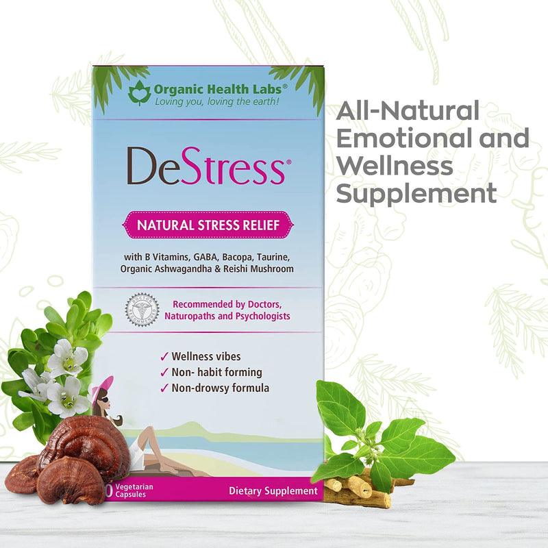 DeStress All-Natural: Veggie Capsules, with B Vitamins, Magnesium, Ashwagandha and L-Theanine Supplement, Anxiety Relief, 30 Veggie Capsules, Stress Relief Supplement Organic Health Labs