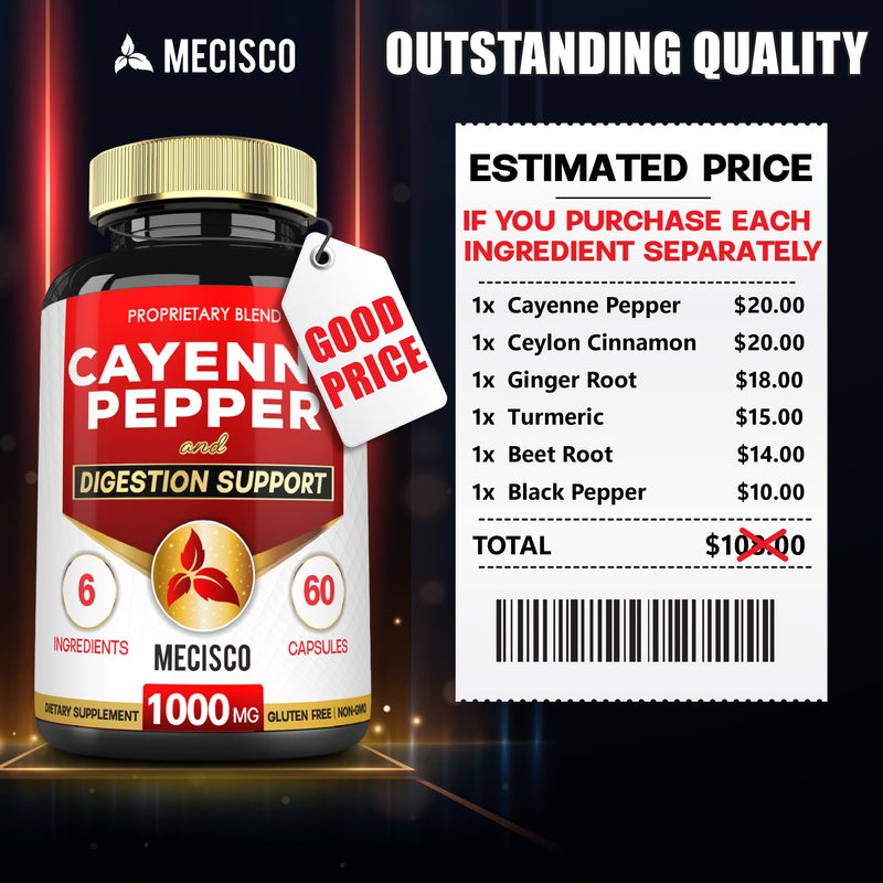 [Australia] - 6in1 Cayenne Pepper Capsules Organic with Ginger Root, Beet Root, and Black Pepper and More - 60 Capsules - Cayenne Supplement Supports Digestion System, Immunity & Joint Health 60 Count (Pack of 1) 