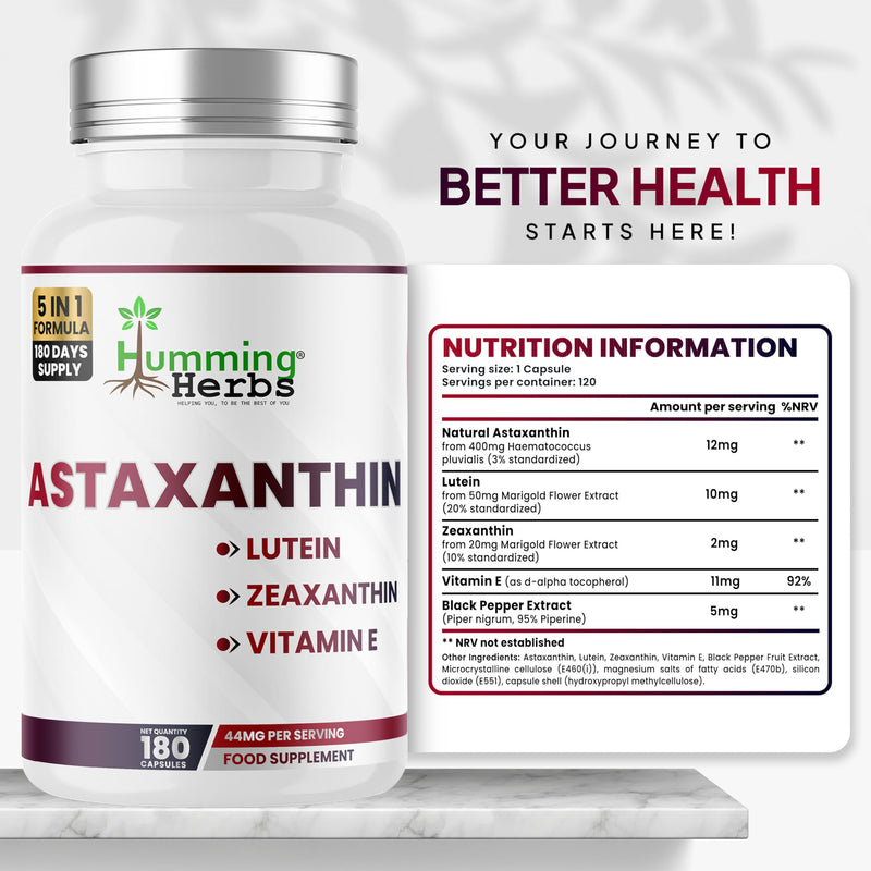 Humming Herbs Astaxanthin 12 mg with Lutein 10 mg, Zeaxanthin 2 mg & Vitamin E | 180 Vegan Capsules (180-Day Supply) | Carotenoid Complex Food Supplement