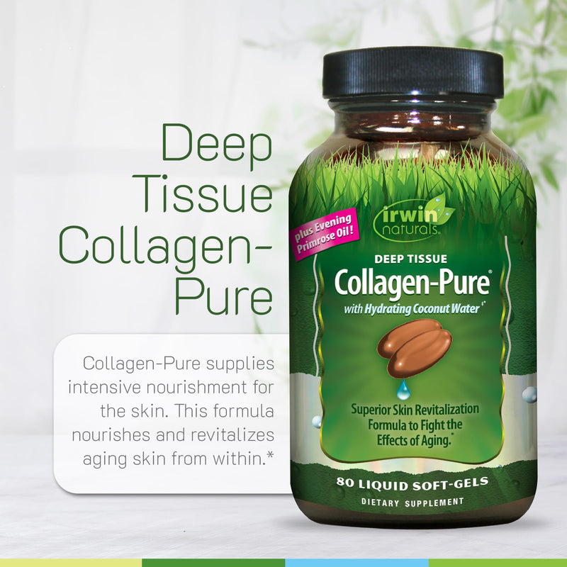 Irwin Naturals Deep Tissue Collagen-Pure Connective Tissue Support (2 Pack) | Structural Collagen Support | 2,000 mg Hydrolyzed Collagen | Joint & Skin Wellness | 2 X 80 Liquid Soft-Gels 80 Count (Pack of 2)