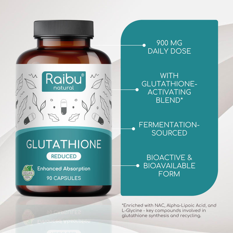 Glutathione Reduced - 98% Highly Purified - L Glutathione Supplement with NAC, Alpha Lipoic Acid & L-Glycine - Antioxidant Support - from Fermentation, Non-GMO - 900 mg per Serving, 90 Vegan Capsules