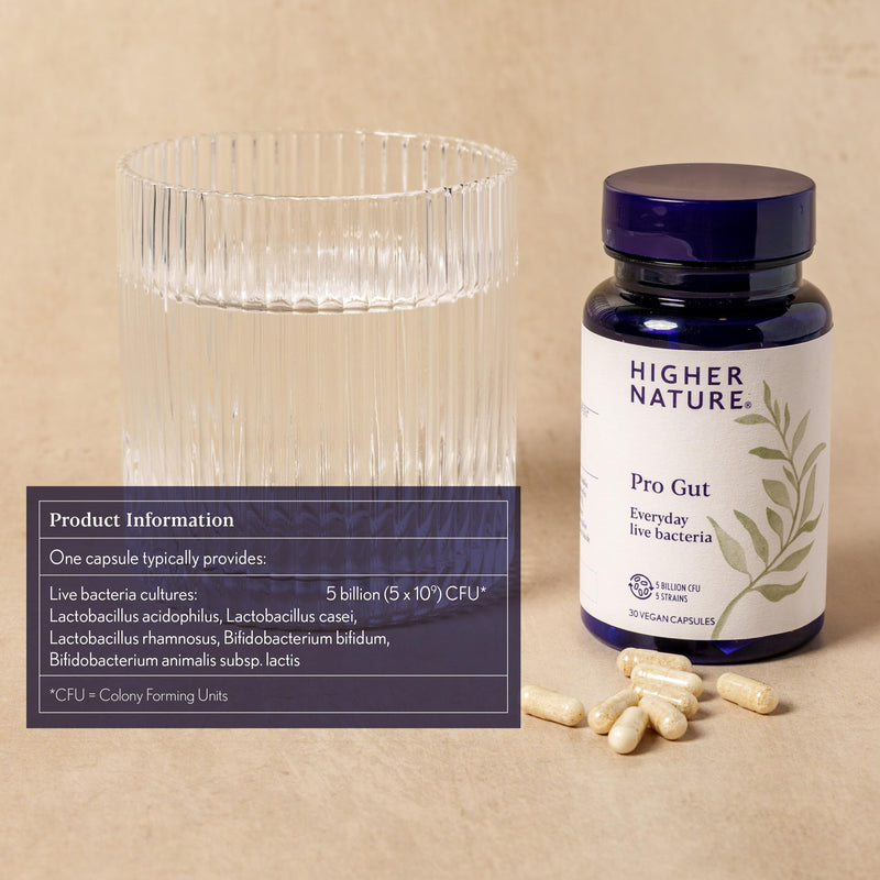Higher Nature - Pro Gut - High Strength Probiotic Cultures - Multi-Strain Probiotic for Digestive System - Everyday Live Bacteria - 5 Billion CFUs - for Good Gut Flora, Gas & Bloating - 30 Capsules