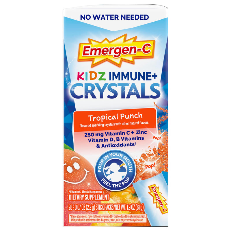 Emergen-C Kidz Vitamin C 250mg, Immune Support, Tropical Punch, 28 Packets | Supports Immune Health, Vitamin D and B Vitamins, Zinc and Manganese, Kids Crystals, No Water Needed