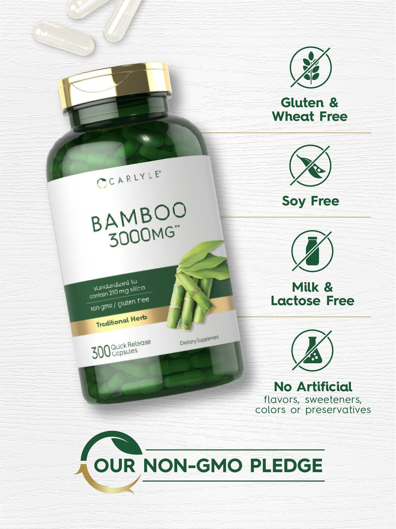 Carlyle Bamboo Extract Capsules | 3000mg | 300 Count | 210mg Silica | Non-GMO, Gluten Free Supplement