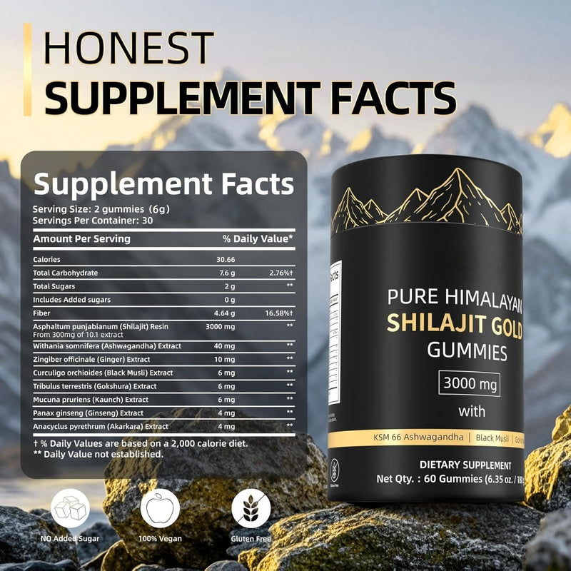 Shilajit Gummies for Men & Women - 3000mg Gold Standard Pure Himalayan Complex with Fulvic Acid, 85+ Trace Minerals & Energy Boost & Immune Support - Vegan & Gluten Free - 60 Gummies
