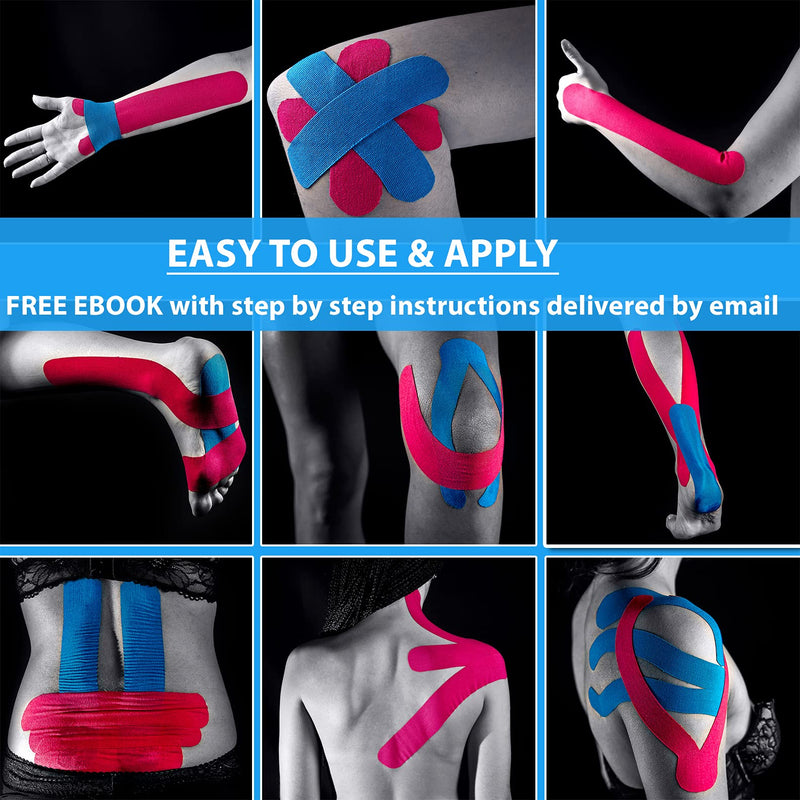 [Australia] - Kinesiology Tape Athletic Pro Sports - 3 Rolls, 60 Precut Strips. Latex Free, Works Great for Muscles Ankle Wrists Knees Joints Running Tennis Swimming Football Soccer. Stays on for Several Days Black / Blue / Pink Precut 