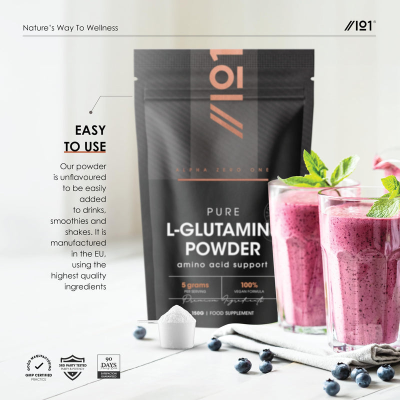 L-Glutamine Powder 500g – Unflavoured – Vegan Fermented Amino Acid – 100% Pure – Resealable and Recyclable Pouch by Alpha01
