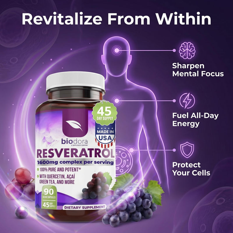Resveratrol 1600mg | Trans-Resveratrol Antioxidant Supplement, 90 Capsules | w/ Natural Green Tea, Grape Seed Polyphenols & Quercetin, Supports Digestive, Heart Health, Immune System, Brain Function Resveratrol 90 Count