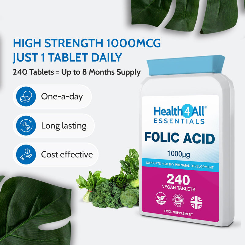 Folic Acid 1000mcg 240 Tablets 8 Month Supply High Strength Vitamin B9 Supports Energy, Blood Formation, Immune System & Pregnancy, Vegan UK Made - Health4All 240 count (Pack of 1)