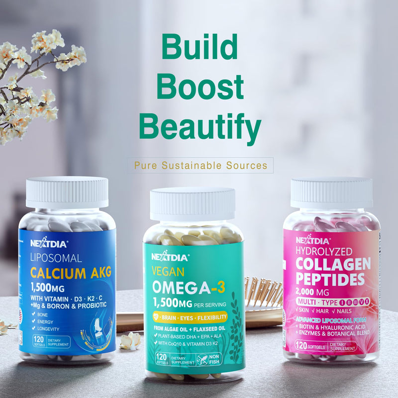 Vegan Omega 3 EPA DHA ALA Supplements + CoQ10, Vitamin D3 K2 for Women Men | 1500mg Plant Based Omega 3 Fatty Acids Mini Softgels for Bone Brain Eye Skin, Algae Oil as Fish Oil Alternative, 120 Pills