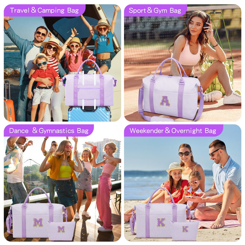 Birthday Gifts for Teen Girl Women Initial Travel Duffle Bag | Cute Overnight Weekender Bag with Makeup Pouch, Personalized Dance Gymnastics Bag, Purple-G G