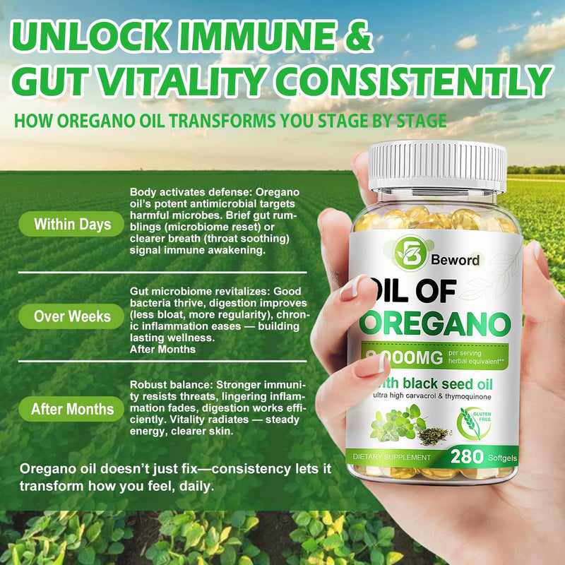[Australia] - Oil of Oregano with Black Seed Oil, 9000mg Per Serving, 280/560 Softgel, 2-in-1 Oregano Supplement for Immune Health with High Carvacrol & Thymoquinone | Plant Based, Non-GMO, & Immune Support 280 Count (Pack of 1) 