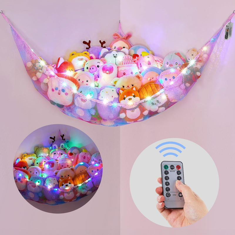 [Australia] - Basumee Stuffed Animals Net or Hammock with LED Light Hanging Toy Net Hammock for Stuffed Animals Storage Stuff Animals Hammocks for Nursery Kids Room with Remote Control, 8 Kinds of Lights(Pack of 1) Blue and Purple 51'' x 51" x 71" (Pack of 1) 