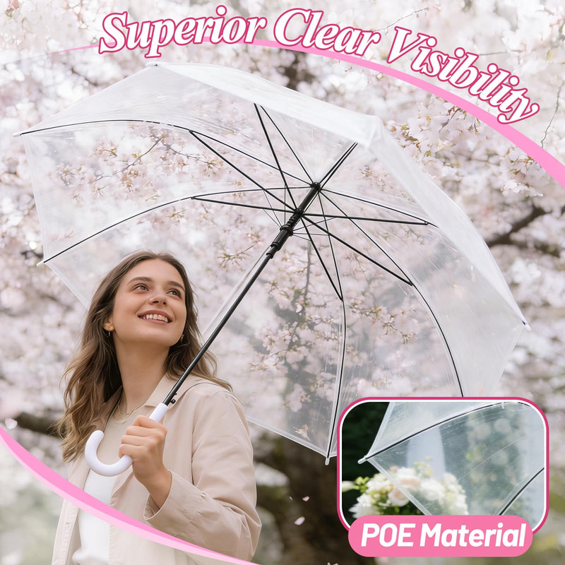 Clear Umbrella Bulk Colorful Transparent Rain Umbrellas Windproof Waterproof with J Hook Handle for Wedding Party Photography Outdoor Travel Gift White 6